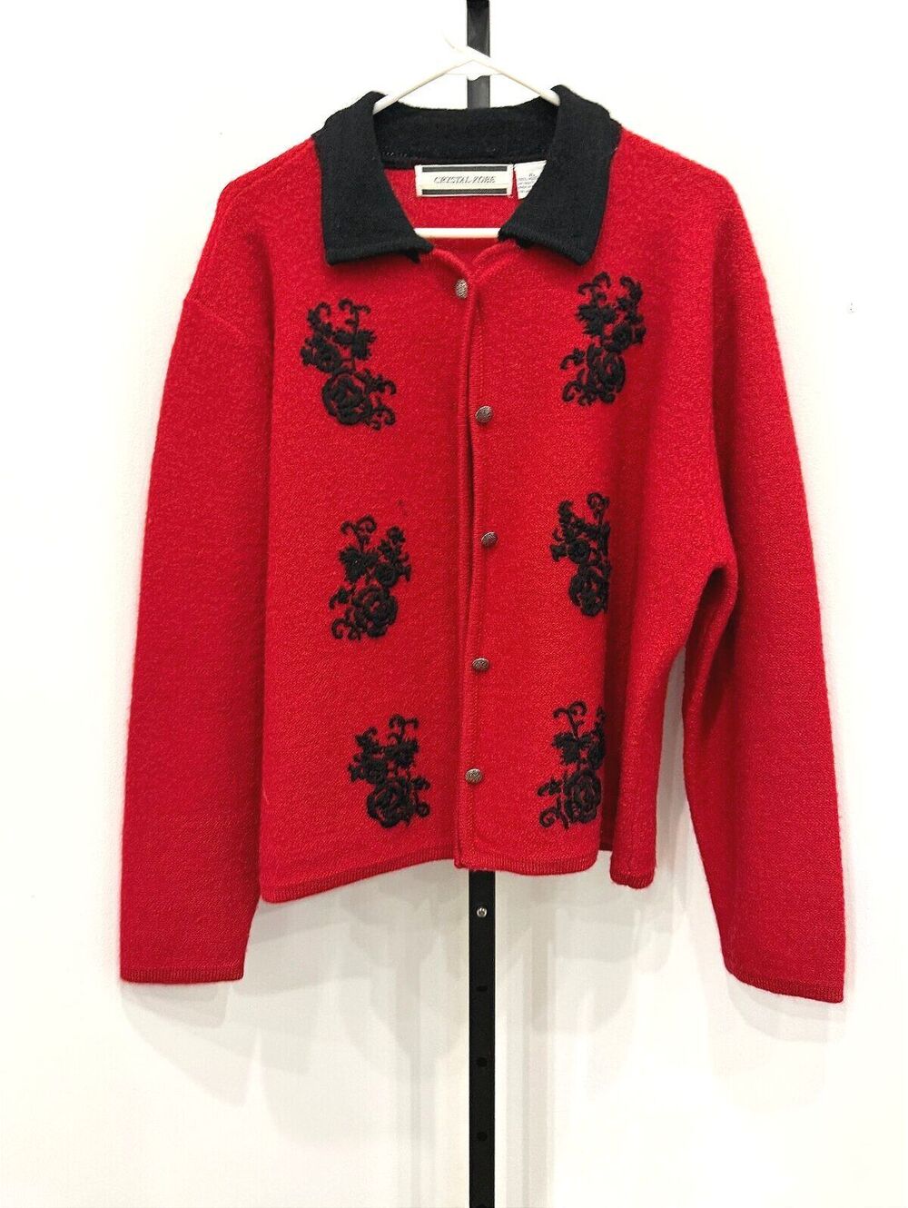 Vintage Crystal-Kobe Red Wool Cardigan with Black Embroidered Floral Accents XL